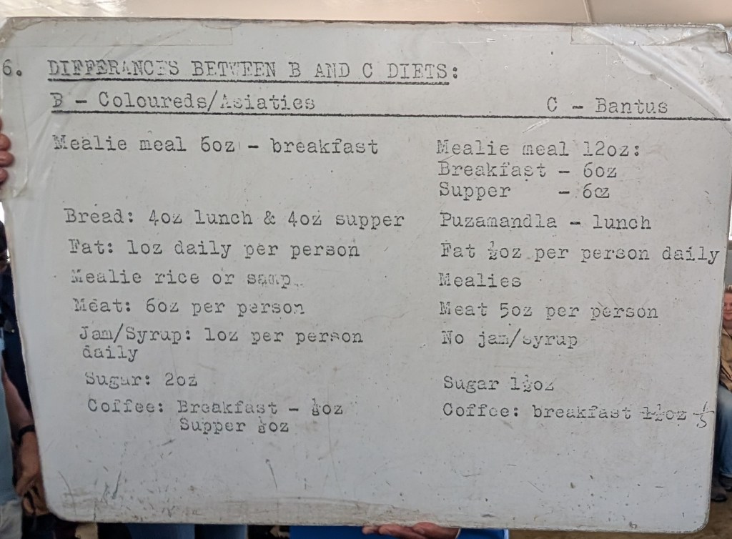 List of food a prisoner at Robben Island received. Left side is the coloureds diet and right side is the blacks diet